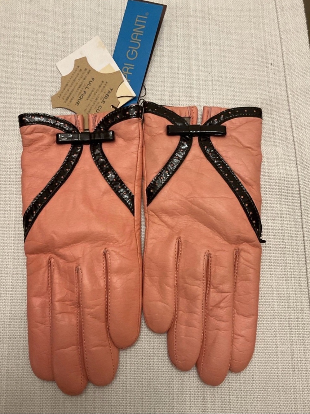 Capri Guanti Pink Leather / Brown Trim Gloves 7.5 New With Tags